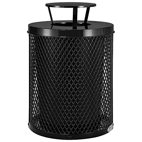 Global Industrial Outdoor Diamond Steel Trash Can with Rain Bonnet Lid and Plastic Liner, 36 Gallon Capacity, Black, Thermoplastic Coating, 23-1/2" Diameter, 40-1/2"H