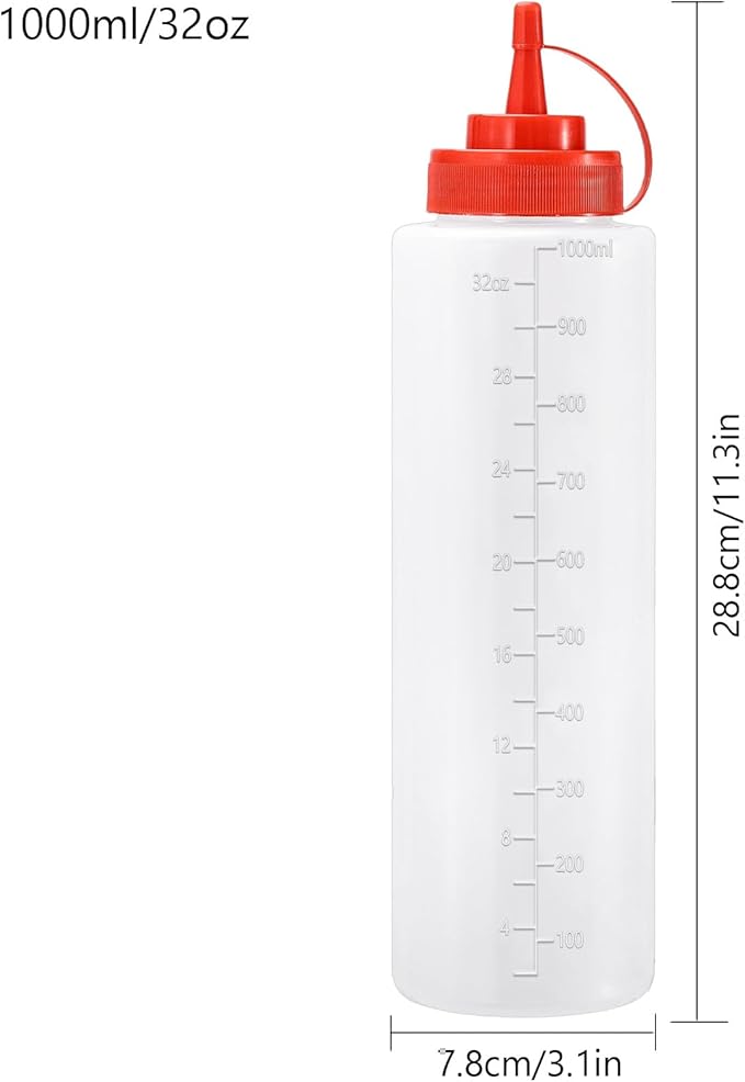 Condiment Squeeze Bottles Ketchup Dispenser, 4 Pack 32oz Squeeze Bottles for Liquids, Plastic Sauce Bottle with Cap Lid, Squirt Bottles for Sauces Liquids BBQ Dressing Pancake Art