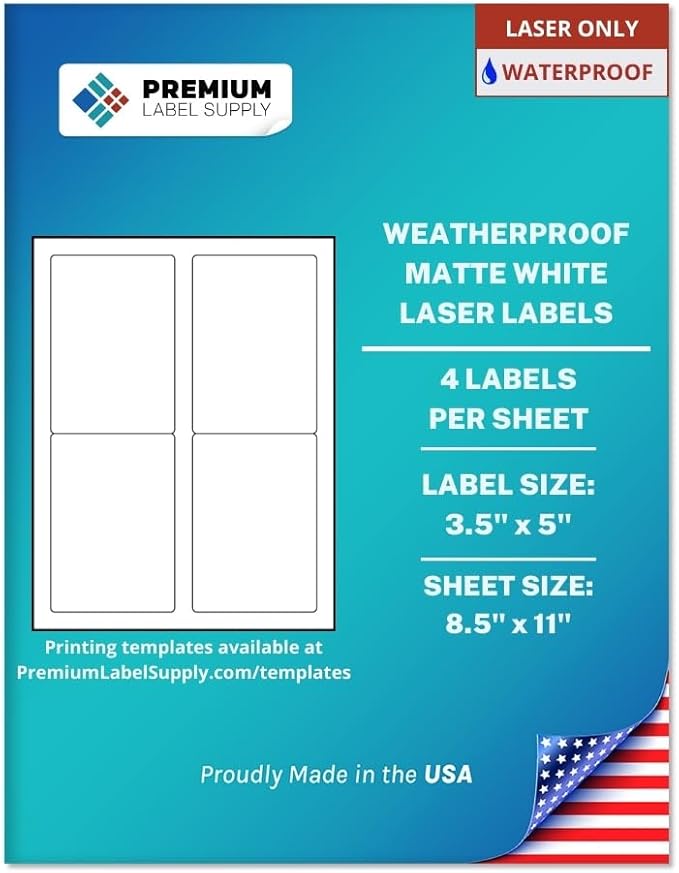 Premium Label Supply Waterproof Matte White Sticker Labels – 3.5" x 5" – Laser Printers Only – (4 per Sheet), 25 Sheets - 100 Total Adhesive Labels