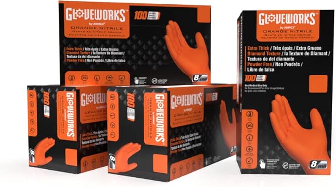 GLOVEWORKS Heavy-Duty Nitrile Gloves, Disposable, Latex Free, 8 Mil, Orange, Diamond Grip Glove