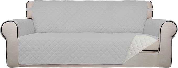 PureFit Reversible Quilted Sofa Cover, Water Resistant Slipcover Furniture Protector, Washable Couch Cover with Non Slip and Elastic Straps for Kids, Pets (Oversized Sofa, Light Gray/Ivory)