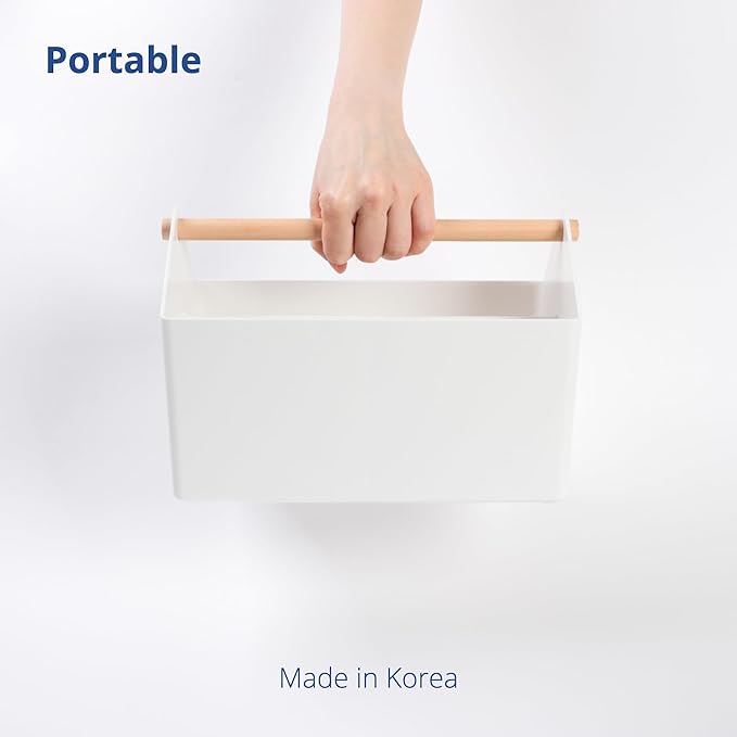 BLUE GINKGO Medium Storage Basket – Plastic Caddy with Wooden Handle for Office, Arts & Crafts, or Home Supplies (White)