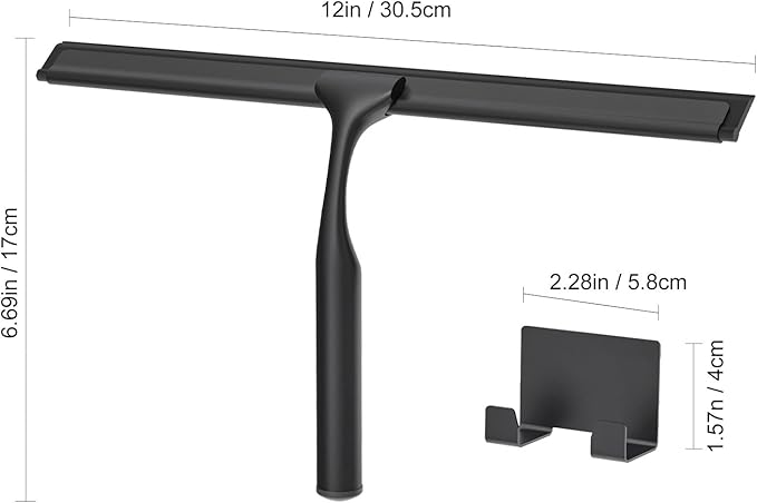 Shower Squeegee for Glass Doors, Shower Squeegee for Tile Shower Walls, Stainless Steel Squeegee for Bathroom, Windows and Mirrors with Storage Hook-12”, Black