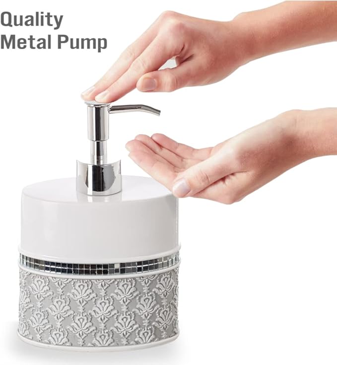 Creative Scents Mirror Damask Grey and White Soap Dispenser, Decorative Hand Soap Dispenser for Bathroom - Modern Countertop Lotion Dispenser with Durable Pump for Elegant Bathroom Decor