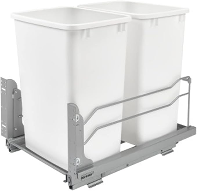 Rev-A-Shelf Double Trash Can Under Kitchen Cabinets Pullout, 35 Quart 8.75 Gallon with Soft-Close Slides, White, 53WC-1835SCDM-211