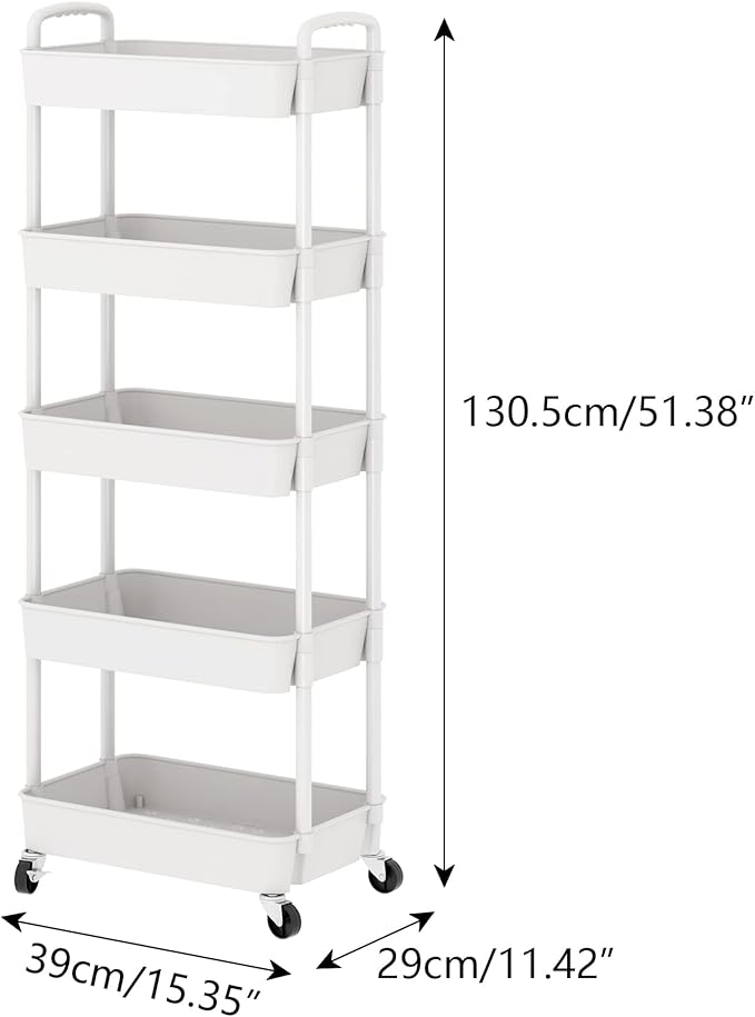 Sywhitta 5-Tier Plastic Rolling Utility Cart with Handle, Multi-Functional Storage Trolley for Office, Living Room, Kitchen, Movable Storage Organizer with Wheels, White