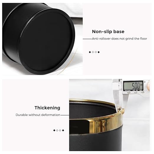 10L/2.6GAL Black and Gold Open Top Trash Can - Metal Trash Bin Without Lid for Office, Hotel, Store, Restaurant