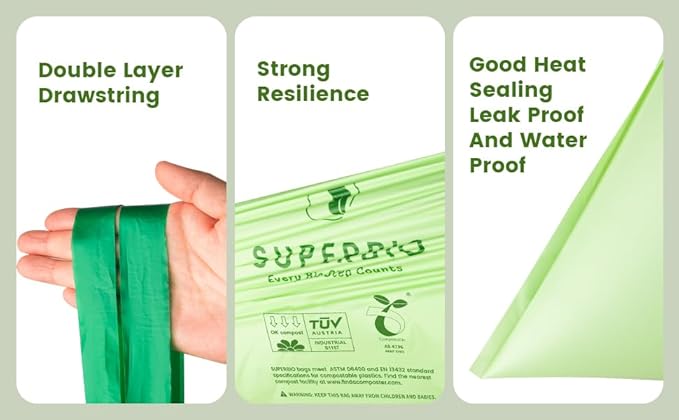 SUPERBIO 4 Gallon Compostable Drawstring Food Scrap Bags,15.1 Liter, 40 Count, 0.9 Mil,Heavy Duty Waste Bags, BPI, Seedling and OK compost INDUSTRIAL