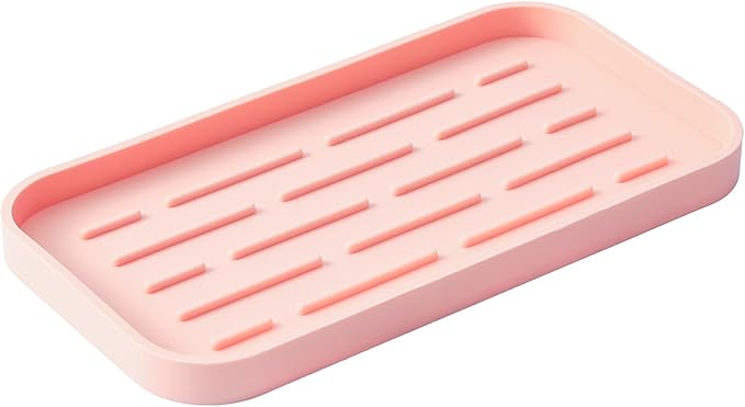 Silicone Kitchen Sink Organizer Tray for Multiple Usage,Easy Clean,Eco-Friendly Sponges Holder for Kitchen Bathroom Counter or Sink,Dish Soap Dispenser,Scrubber,Bottle,Cup Pink 10”x 5.3”