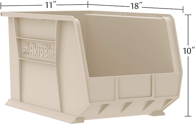 Akro-Mils 30260 AkroBins Plastic Storage Bins, Space-Saving Stackable Bins for Garage, Pantry, Craft Organization, 18" x 11" x 10", Stone, 6-Pack