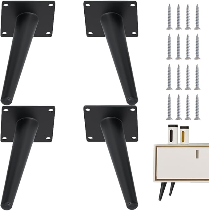 4PCS 6 Inch Matte Black Tapered Angled Legs for Furniture, Metal Mid Century Mordern Feet, Heavy Duty Slanted Stand Legs Kit for Couch, Coffee Table, Desk, Dresser, Sofa, Chair
