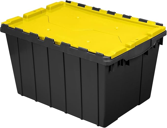 Akro-Mils KeepBox 12 Gallon Storage Container, Nesting and Stackable Plastic Storage Box with Lid Attached, Clear Tote for Garages, Closets, and Moving, 21-1/2" x 15" x 12-1/2", Black/Yellow