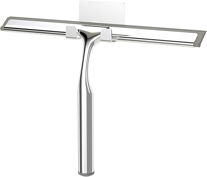 Shower Squeegee for Glass Doors, Stainless Steel Shower Squeegee for Bathroom, Window and Tiles, All-Purpose Squeegee with Adhesive Hook-10”, Chrome