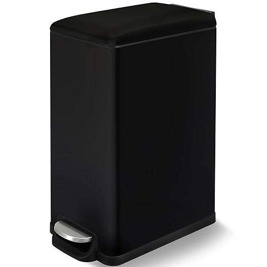 Arlopu 13.2 Gal Slim Kitchen Trash Can with Lid, 50L Stainless Steel Garbage Can, Large Kitchen Rubbish Can, Step Trash Bin w/Foot Pedal and Inner Bucket, Bathroom Trash Can Airtight (Black)