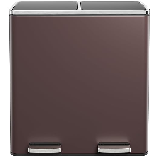 AthLike 60L(16 Gal) Dual Trash Can, Stainless Steel Kitchen Garbage Can, Double Compartment Classified Rubbish Bin, Recycle Dustbin w/Plastic Inner Buckets, Handle, Soft-Close Lid, Airtight, Brown