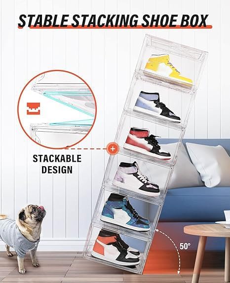 KDOR Shoe Box for sneakers，Closet,hat Clear Plastic Stackable 10 Pack Sneaker Storage Boxes with Magnetic Door, Acrylic Display Case, Strong and Sturdy Fit Shoe Size Up to US 15