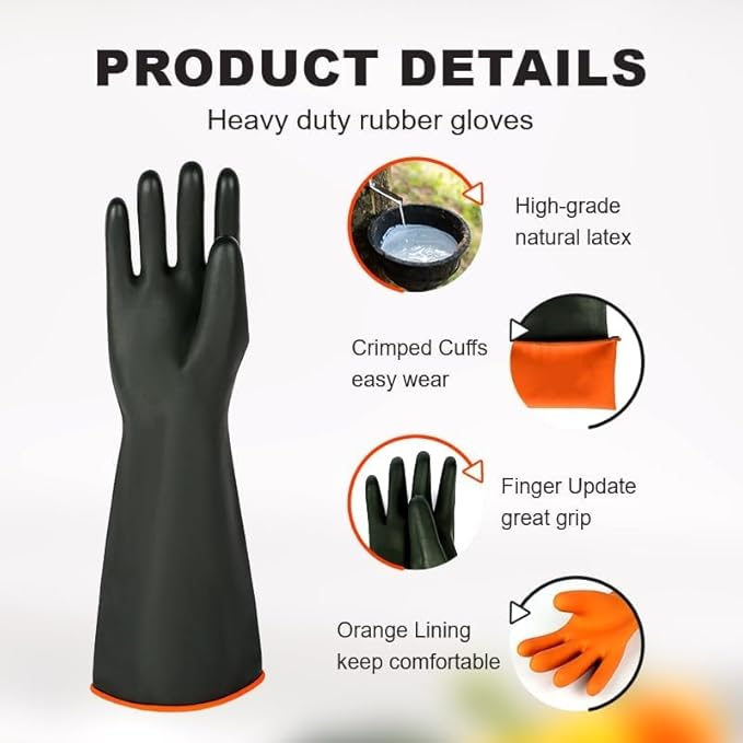Heavy-Duty Latex Chemical Resistant Gloves - Reusable Long Rubber Dishwashing Gloves with Forearm Protection for Men - Waterproof, Industrial Safety Gear, Acid & Alkali Resistant, Oil-Proof,14“，2 Pair