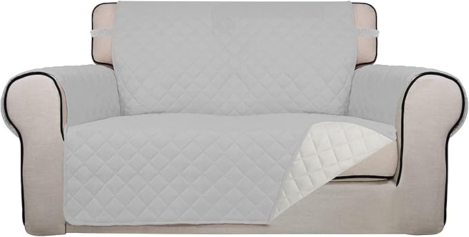 PureFit Reversible Quilted Sofa Cover, Water Resistant Slipcover Furniture Protector, Washable Couch Cover with Non Slip and Elastic Straps for Kids, Pets (Loveseat, Light Gray/Ivory)