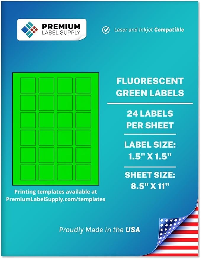 Premium Label Supply Bright Neon Color Fluorescent Sticker Labels - 1.5" x 1.5" Square Labels - (Fluorescent Green, 2,400 Labels)
