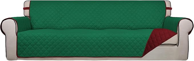 PureFit Reversible Quilted Sofa Cover, Water Resistant Slipcover Furniture Protector, Washable Couch Cover with Non Slip and Elastic Straps for Kids, Dogs, Pets (XX Large, Green/Red)