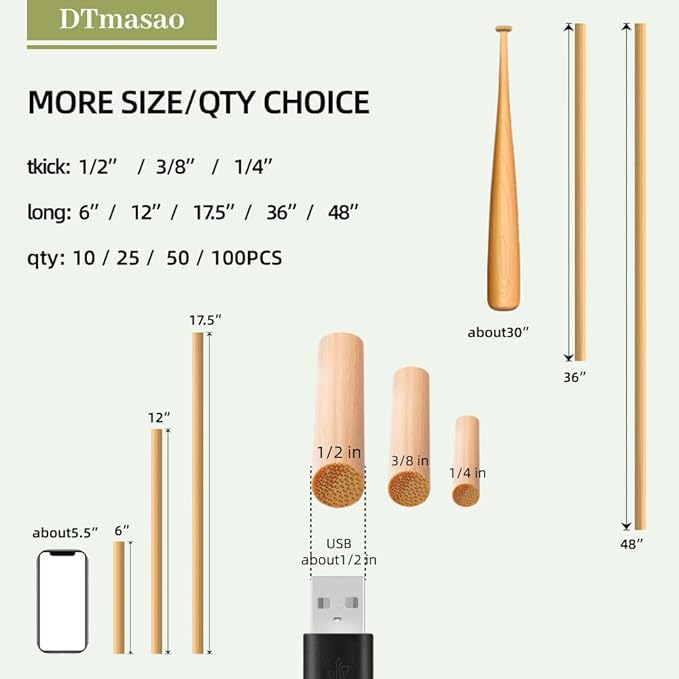 1/4 x 12 Inch 50 PCS Dowel Rods Wood Sticks Wooden Dowel Rods - Unfinished Bamboo Sticks - for Crafts and DIYers