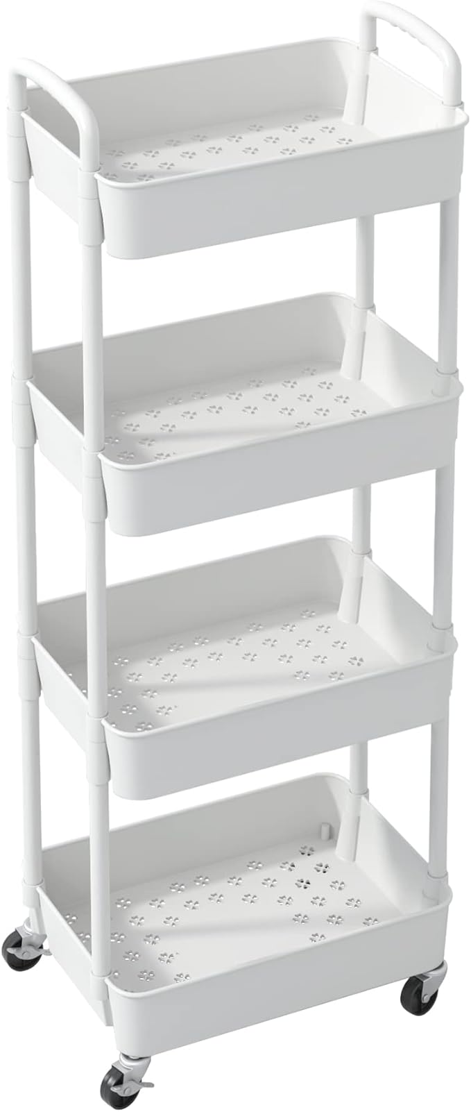 Sywhitta 4-Tier Plastic Rolling Utility Cart with Handle, Multi-Functional Storage Trolley for Office, Living Room, Kitchen, Movable Storage Organizer with Wheels, White