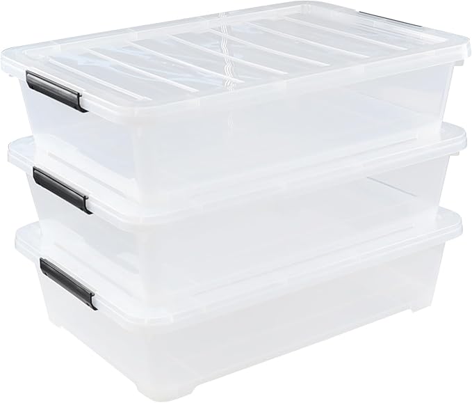 Rosebloom 40 Quart Plastic Under Bed Storage Bins with Lid, Clear Storage Containers Under Bed, 3 Packs