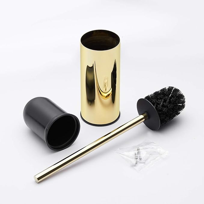 BGL Toilet Brush Holder Gold, Stainless Steel 304 Gold Round Freestanding Toilet Bowl Brush and Holder for Bathroom
