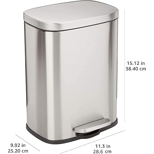 Amazon Basics Smudge Resistant Small Rectangular Trash Can With Soft-Close Foot Pedal, Brushed Stainless Steel, 12 Liter/3.1 Gallon, Satin Nickel Finish, 11.3"L x 9.9"W x 15.1"H