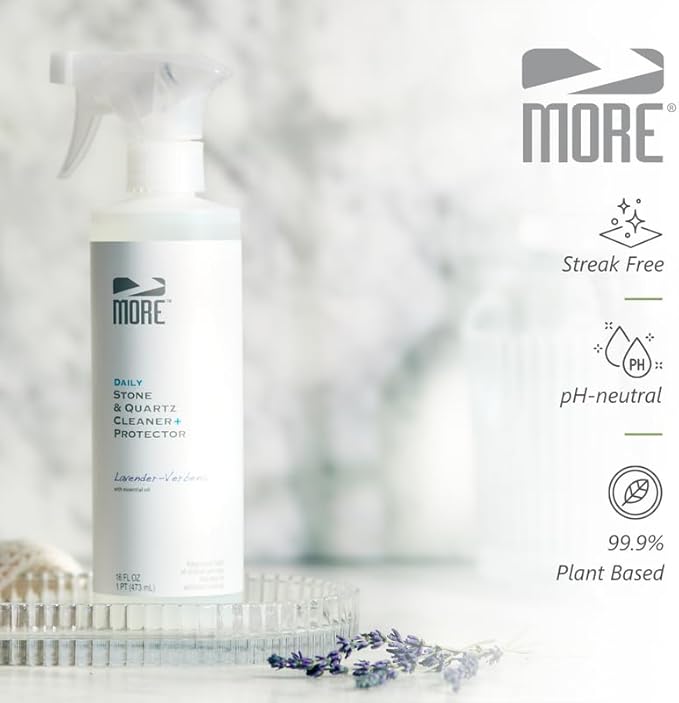 MORE Stone & Quartz Cleaner + Protector - Granite, Quartz & Marble Cleaner - For Kitchen & Bathroom Countertops - Water-Based Surface Spray - Lavender-Verbena Essential Oil - Pint (16oz)