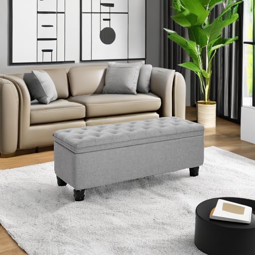 SONGMICS Storage Ottoman, Storage Bench, Tufted Entryway Bedroom Bench, 17.7 x 46.5 x 17.7 Inches, Hinges Easy Lid Operation, Wooden Legs, Linen-Look Cover, Loads 330 lb, Light Gray ULOM070G02
