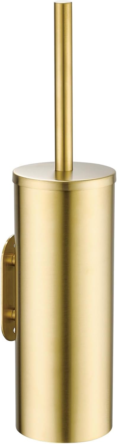 Gold Brushed Stainless Steel Toilet Brush and Cover, No-Punch Hook Base Dual Purpose Toilet Brush Holder with Removable Inner Bucket and Splash Cover - Soft Bristles (Brushed Gold)