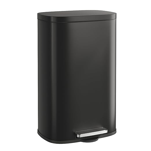 WLIVE 13 Gallon Stainless Steel Trash Can with Inner Bucket, Kitchen Garbage Can with Lid, 50L Soft Close Step Trash Can with Metal Foot for Home, Kitchen, Laundry Room, Office, Black