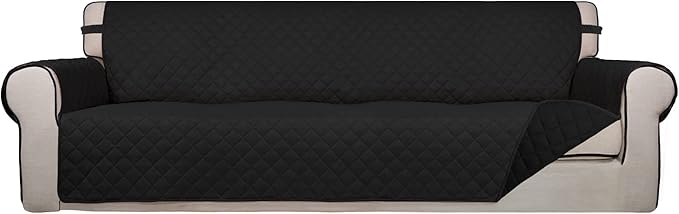 PureFit Reversible Quilted Sofa Cover, Water Resistant Slipcover Furniture Protector, Washable Couch Cover with Non Slip and Elastic Straps for Kids, Dogs, Pets (XX Large, Black/Black)