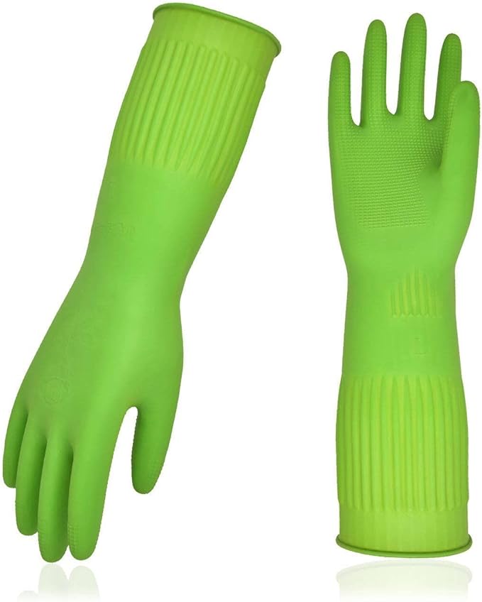 Vgo... 1-Pair Dishwashing Gloves, Reusable Household Gloves, Kitchen Gloves, Long Sleeve, Thick Latex, Cleaning, Washing, Working, Painting, Gardening, Pet Care (Size S,Green, RB2143)