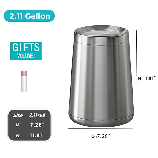 2.1 Gallon Bathroom Trash can with Lid, Small Brushed Silver Garbage Can, Stainless Steel Waste Basket for Bedroom Kitchen Office Hotel Powder Room Toilet (32A silver-8L)