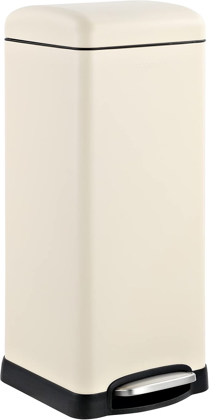 happimess HPM1007F Betty Retro 8-Gallon Step-Open Trash Can with Soft-Close Lid, Fingerprint Resistant, Modern, Minimalistic for Home, Kitchen, Laundry Room, Office, Bedroom, Bathroom, Almond