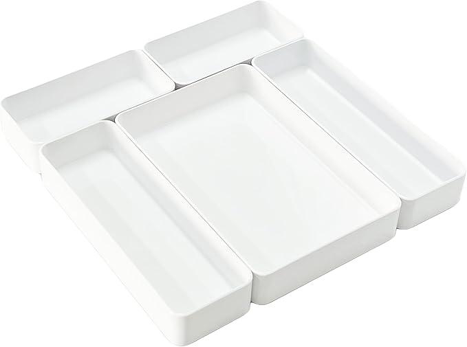 RAUVOLFIA Plastic Stackable Office Desk Drawer Organizers,Multi-size Trays,Small Makeup Vanity Storage Bins and Office Desk Drawer Dividers (White-5 Pack)