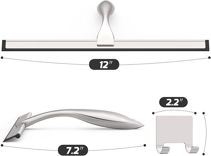 All-Purpose Stainless Steel Shower Squeegee for Glass Doors with Adhesive Hooks, Squeegee for Shower Glass, Bathroom Household Cleaner Tool for Window Mirror Tile Wall Car, 12 inch, Silver