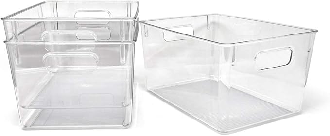 Isaac Jacobs 3-Pack Large Clear Storage Bins with Handles, Plastic Organizer for Home, Room, Office, Fridge, Kitchen/Pantry Non-Slip Container Set, Food Safe, BPA Free (3-Pack, Large)