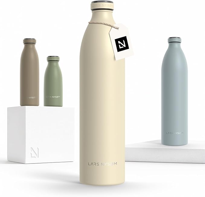 LARS NYSØM Stainless Steel Insulated XL Water Bottle 12oz 17oz 25oz 34oz 51oz | Insulated Thermo Flask for Hot and Cold Beverages | Leakproof Drinking Bottle (Almond Beige, XL 50.7oz)