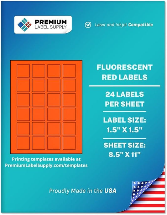 Premium Label Supply Bright Neon Color Fluorescent Sticker Labels - 1.5" x 1.5" Square Labels - (Fluorescent Red, 24,000 Labels)