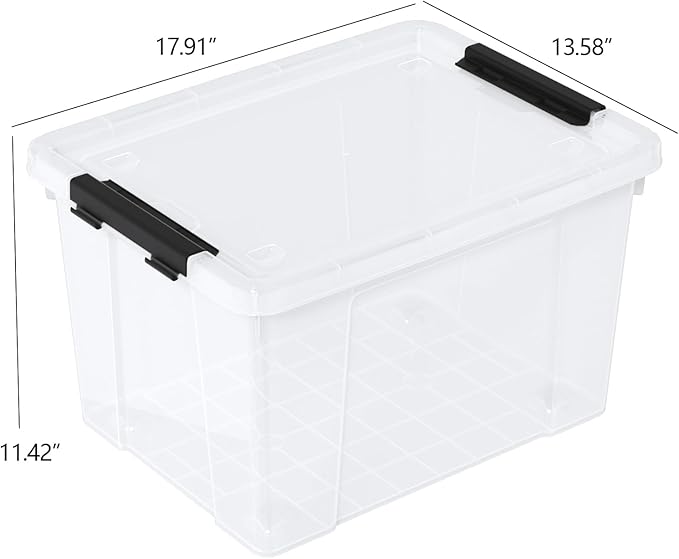 35 Quart Latching Storage Box with Wheels, See-Through Base Plastic Container Bins with Secure Latching Lid, Black Latch, (4-Pack)