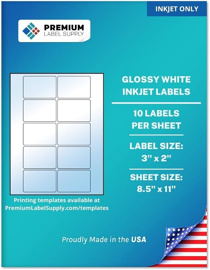 Premium Label Supply Glossy White Sticker Labels – 3" x 2" – (10 per Sheet) (Glossy White for Inkjet Only, 100 Labels)