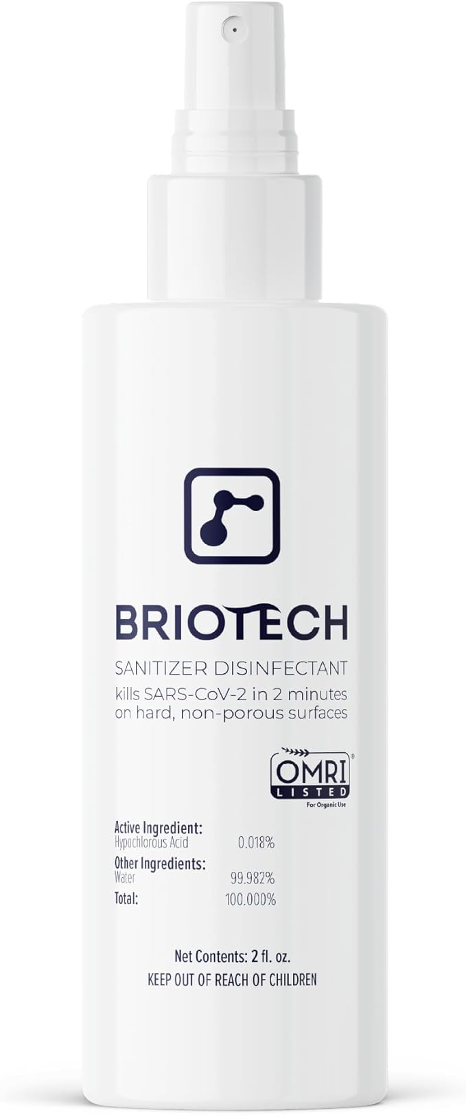 BRIOTECH Sanitizer Disinfectant Hypochlorous Spray, Kill 99.99% of Viruses & Bacteria, Control Mold, Eliminate Odor, Gentle for Nurseries, Food Contact Surface Sanitizer, 2 fl oz Travel Size