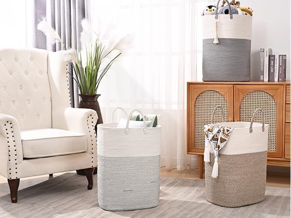 Woven Laundry Basket for Clothes, 100 L Large Rectangle Laundry Hampers with Beads Tassel, Nursery Storage Basket for Toys, Tall Dirty Clothes Hamper for Bedroom Aesthetic, Laundry Room Organization