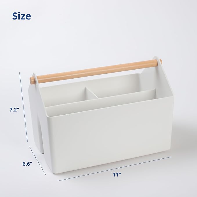 BLUE GINKGO Medium Storage Basket – Plastic Caddy with Wooden Handle for Office, Arts & Crafts, or Home Supplies (White)