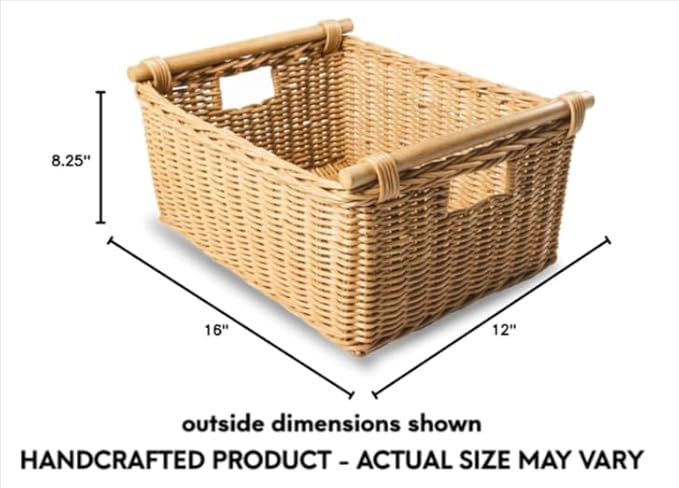 The Basket Lady Pole Handle Wicker Storage Basket, Medium, 16 in L x 12 in W x 8.25 in H, Sandstone