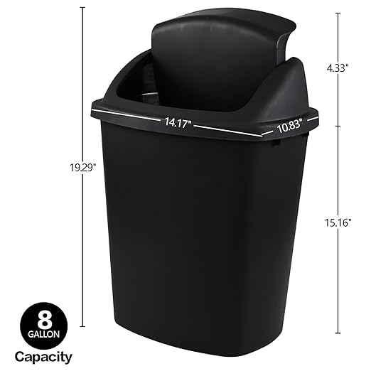 Zopnny 8 Gallon Plastic Swing Top Garag Bin, Lidded Wastebasket Trash Can for Kitchen or Workspace, Set of 4, Black