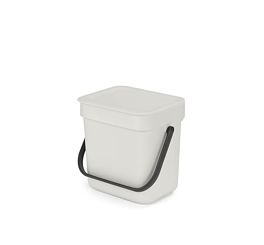 Brabantia Sort & Go Food Trash Can (0.8 Gal/Light Gray) Small Countertop Kitchen Compost Caddy with Handle & Removable Lid, Easy Clean